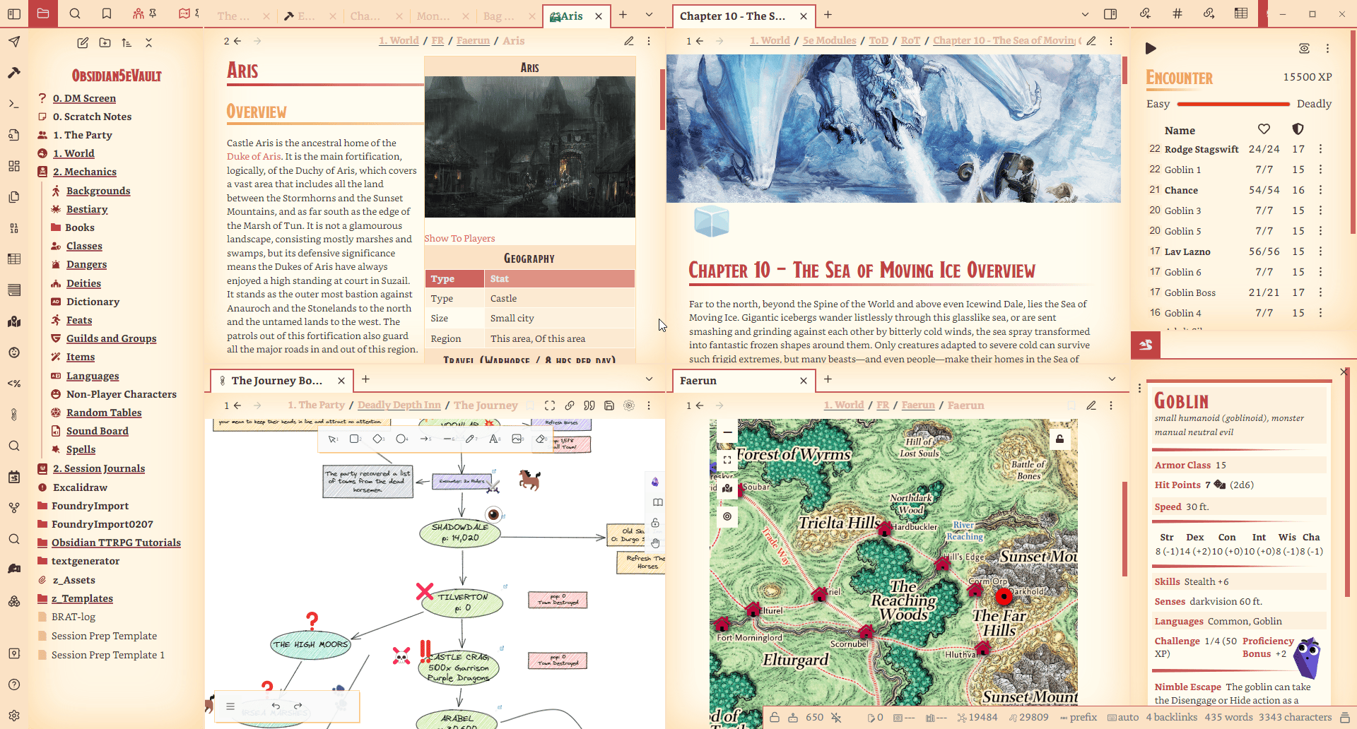 Un exemple de coffre Obsidian organisé pour le JDR, sur Obsidian TTRPG Tutorials. 